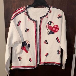 Vintage White Cardigan with Patriotic Heart Design